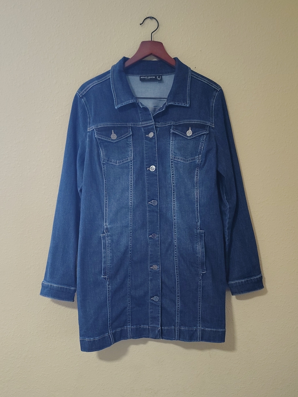 Susan Graver High Stretch Button Denim Long Jean Duster Jacket Size M Layering